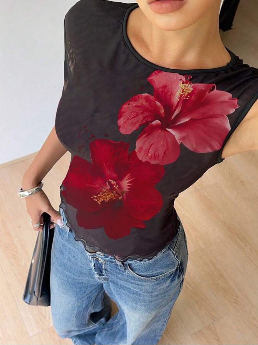 SHEIN Sleeveless Black Floral Tank Top with Red Hibiscus Print